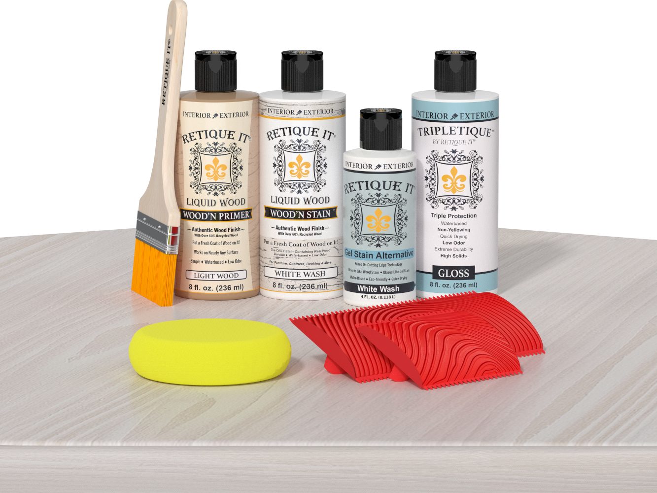 Retique It® Wood'n Kit in White Wash stain, interior top coat displayed on table, ideal for multi-purpose wood finishing projects.