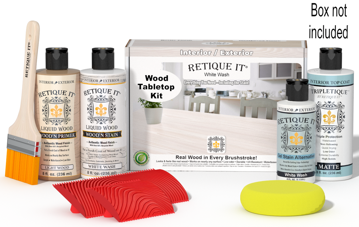 Retique It® White Wash Wood Tabletop Kit with Light Wood primer, White Wash stain, White Wash gel stain alternative, Matte Tripletique® Top Coat, brush, red graining tool, yellow sponge, and product box.