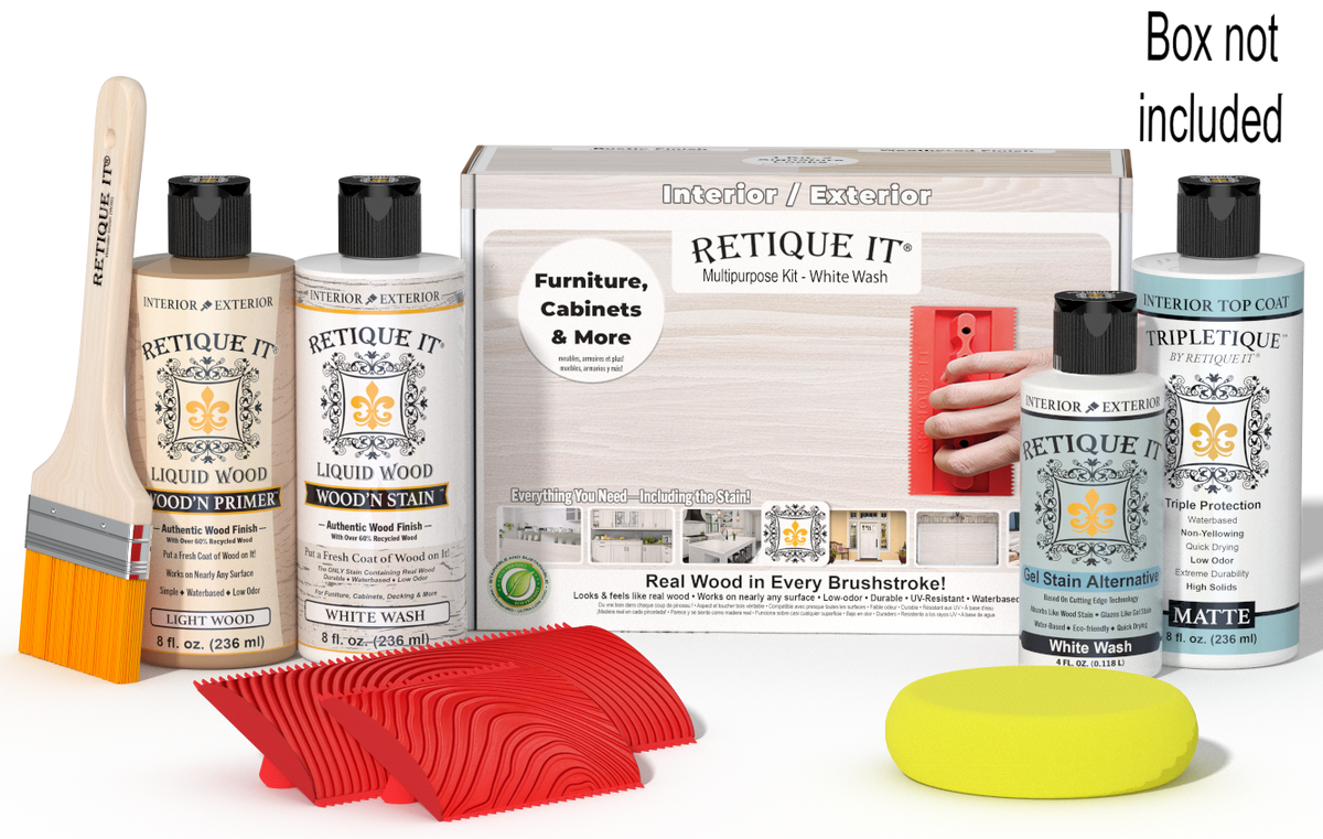 Retique It® White Wash Multipurpose Kit with Light Wood primer, White Wash stain, White Wash gel stain alternative, Matte Tripletique® Top Coat, brush, red graining tool, yellow sponge, and product box.