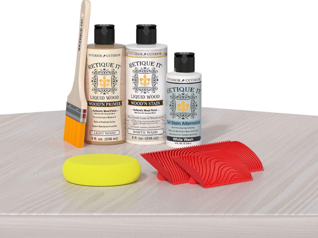Retique It® Wood'n Finish Kit in White Wash, a multi-purpose wood finish kit with brushes and applicators on a table.
