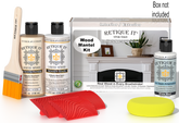 Retique It® Wood'n Finish Kit in White Wash stain for fireplace mantels, shown in a box with application tools.