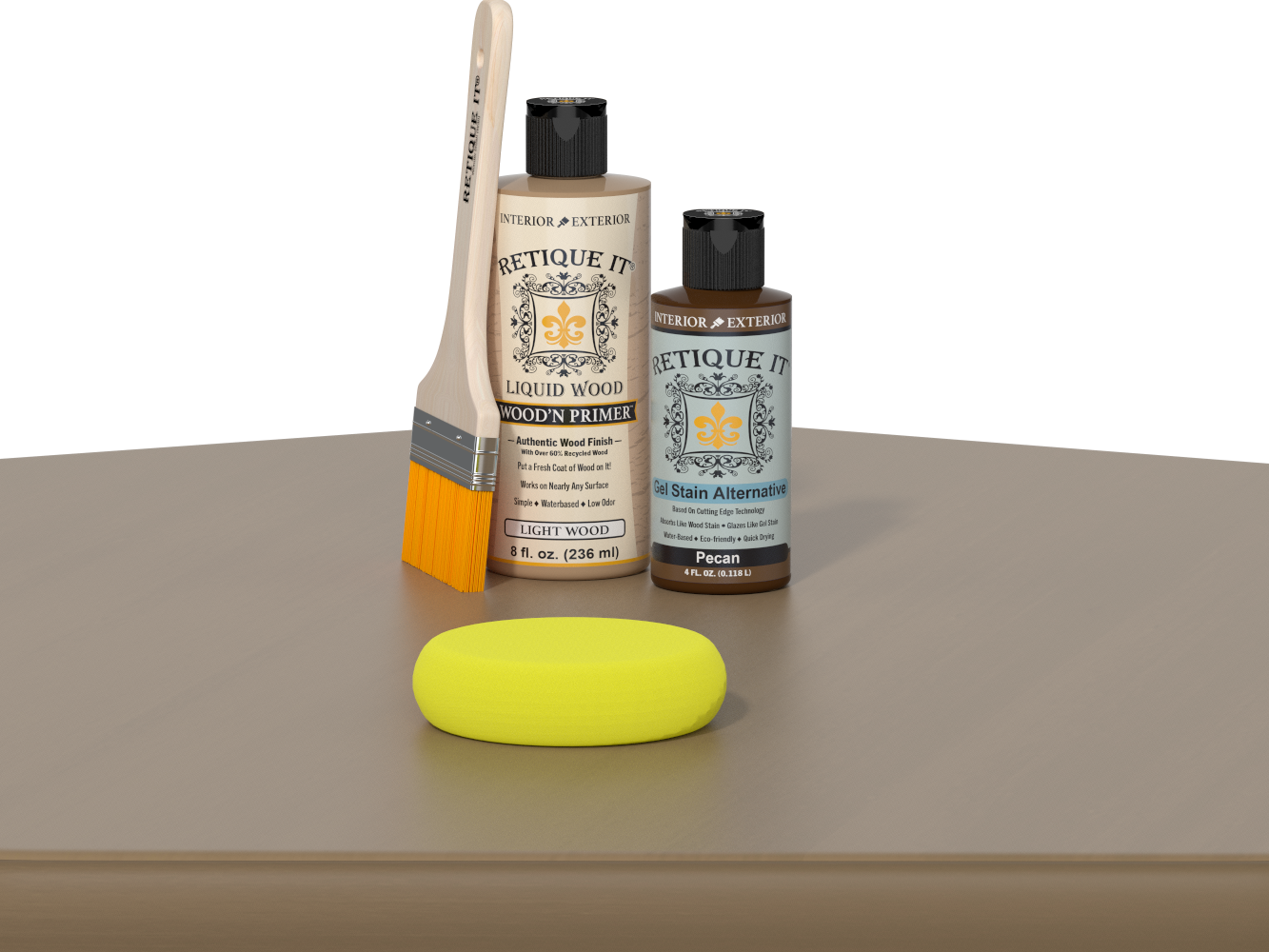 Retique It® Multi-purpose Smooth Finish Kit in Pecan wood with application tools for furniture refinishing.