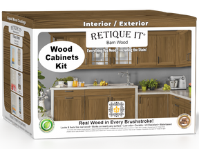 Retique It® Wood'n Cabinet Kit with 48 barn wood-grained stained cabinet doors, shown in a 3D box view.