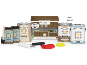 Retique It® Wood'n Cabinet Kit with 48 barn wood-stained doors, featuring textured, grained wood finish for kitchen or furniture.