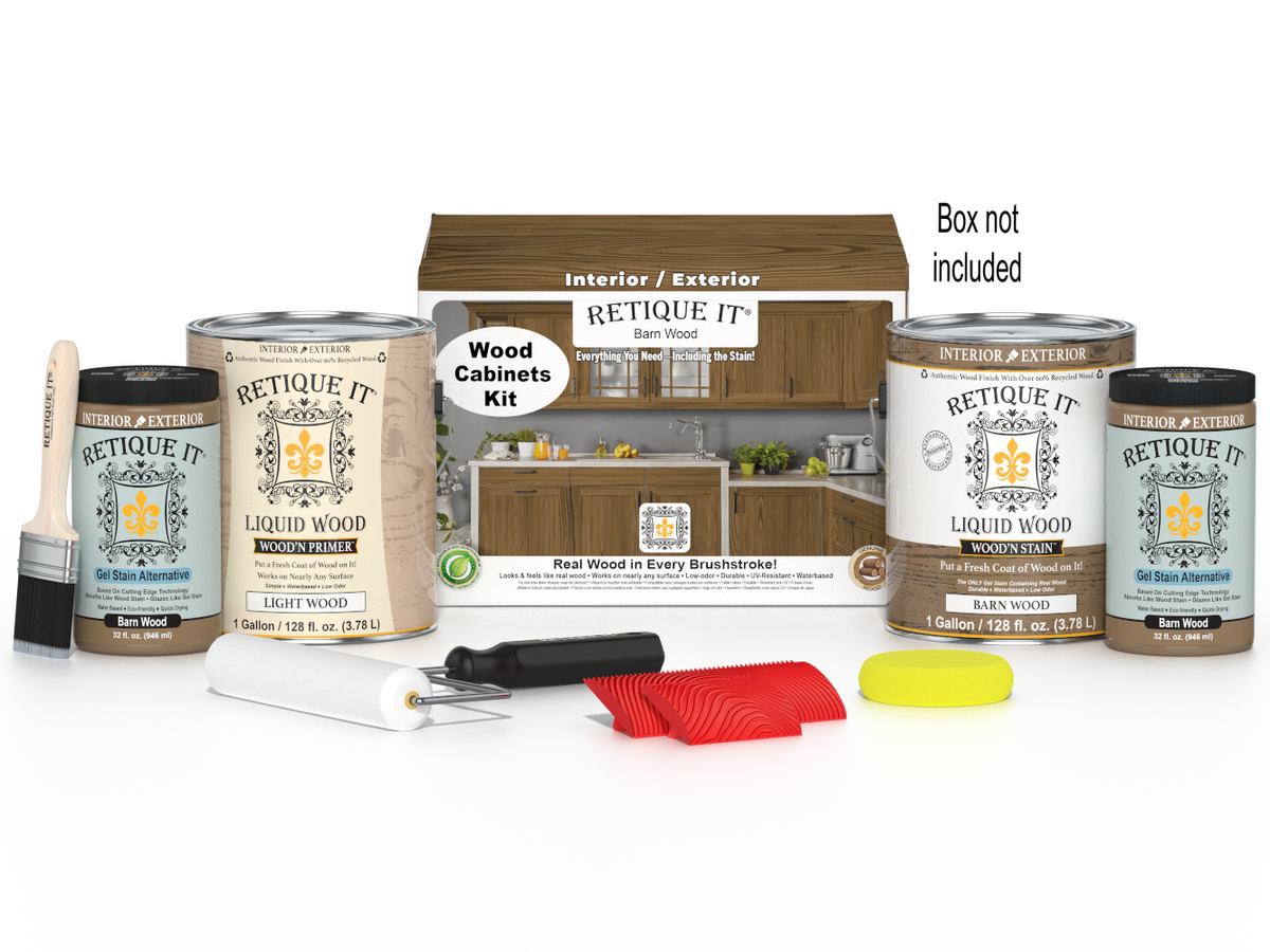 Retique It® Wood'n Cabinet Kit with 48 barn wood grained stained cabinet doors, showcasing rustic wood finish and natural texture.