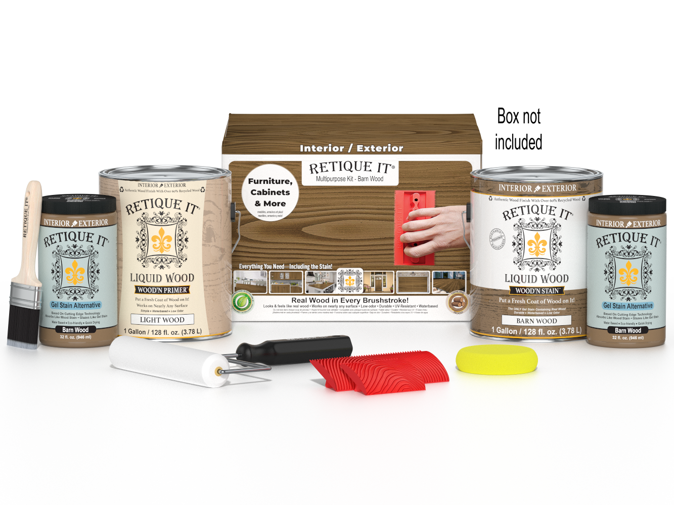 Retique It Wood'n Kit Barn Wood finish set with four large containers, ideal for multi-purpose wood finishing projects.