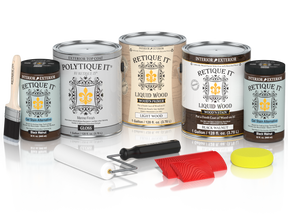 Black Walnut Wood'n Finish Kit by Retique It® with four large exterior top coat bottles, glossy finish, for multi-purpose woodworking.