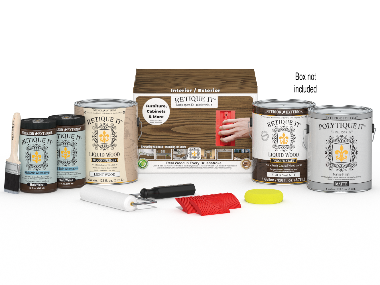 Retique It® Wood'n Kit in black walnut for exterior wood finishing, includes four large containers with application tools.