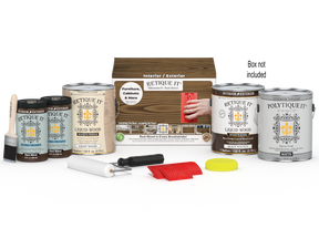 Retique It® Wood'n Kit in black walnut for exterior wood finishing, includes four large containers with application tools.