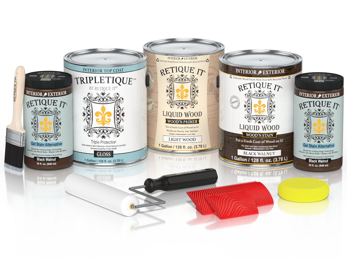 Black Walnut Wood'n Finish Kit by Retique It® with interior top coat, includes four large wood finish bottles in a sleek black walnut color.