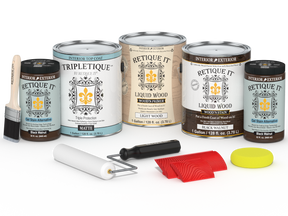 Retique It® Wood'n Kit in black walnut finish, interior top coat set with four large bottles for wood finishing projects.