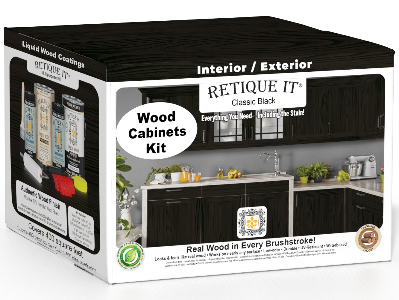 Retique It Wood'n Cabinet Kit with 48 grained black doors, showcasing a stylish stained wood finish for classic kitchen cabinets.