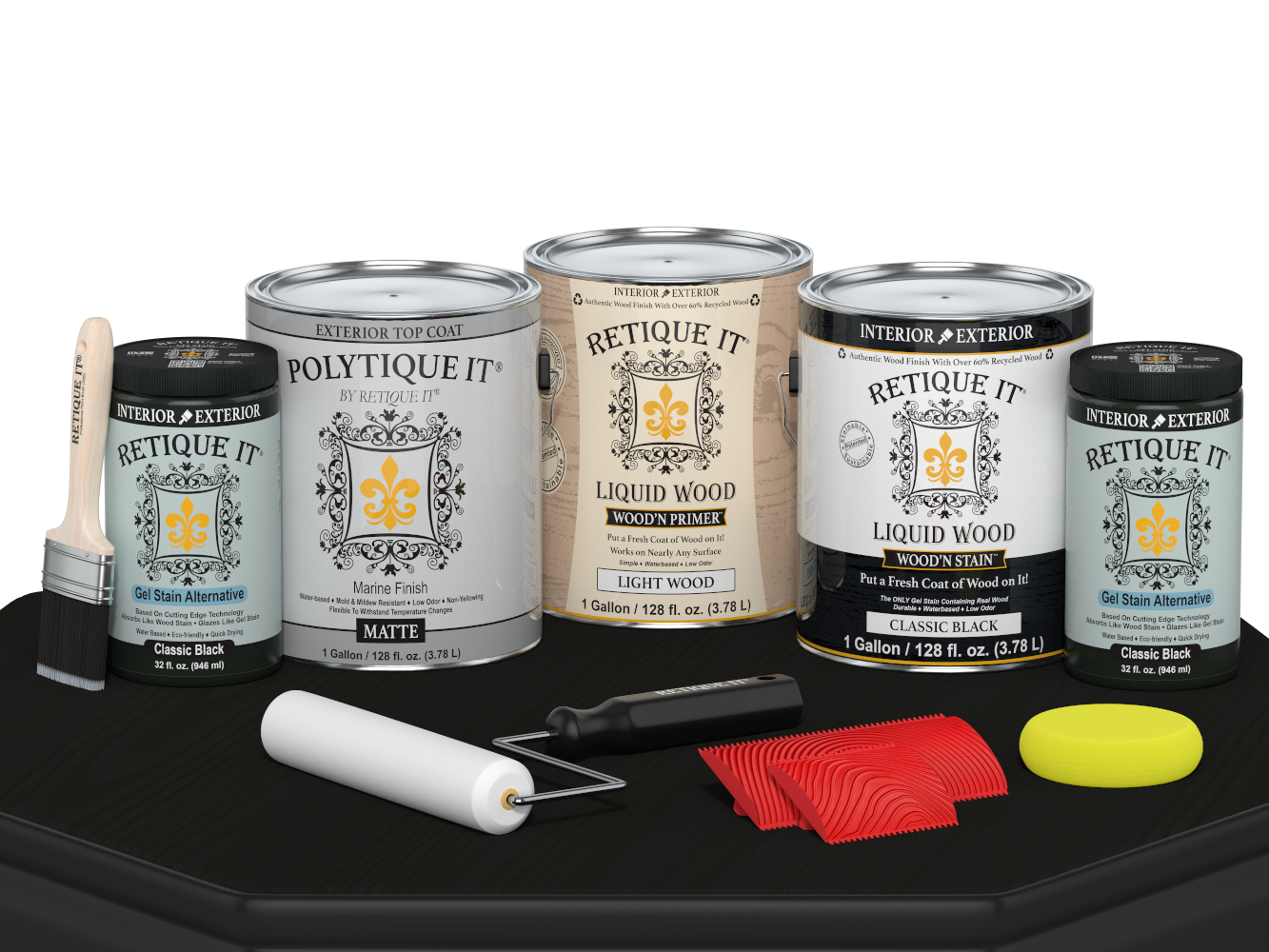 Retique It® Wood'n Finish Kit in Classic Black, exterior top coat, featuring four large containers for wood finishing projects.