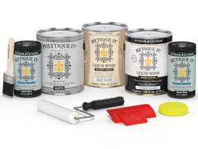 Retique It® Wood'n Kit multi-purpose exterior top coat in classic black, featuring four large matte finish wood finish bottles.