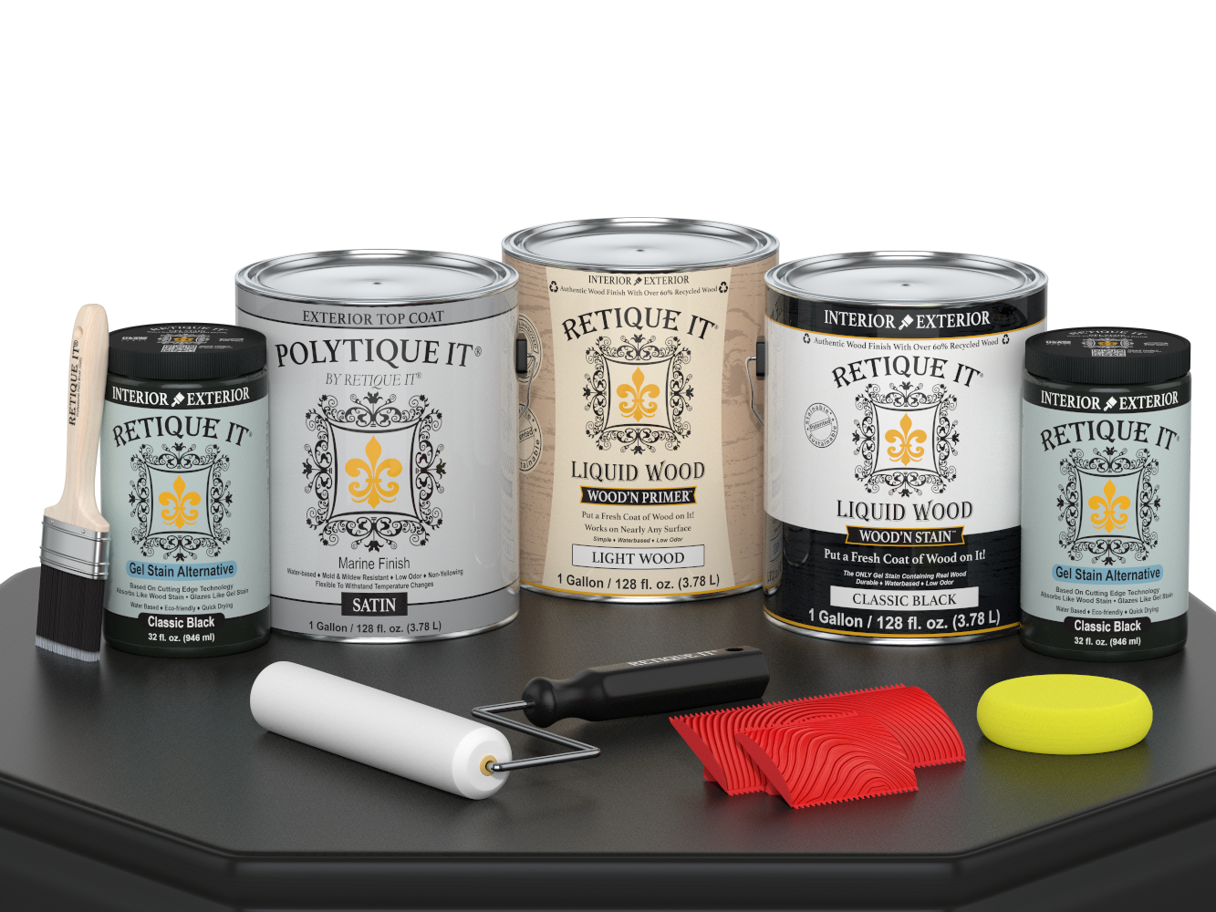 Retique It® Wood'n Kit Multi-purpose exterior top coat set with four satin black finish wood finish containers on a table.