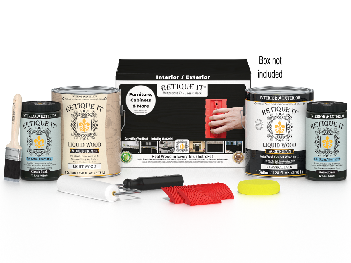 Retique It® Wood'n Finish Kit in Classic Black, multi-purpose wood finishing set with four large bottles and applicator tools.