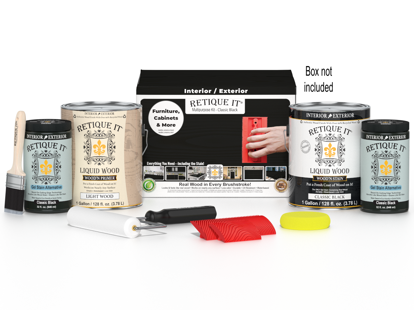 Retique It® Wood'n Finish Kit in Classic Black, multi-purpose wood finishing set with four large bottles and applicator tools.