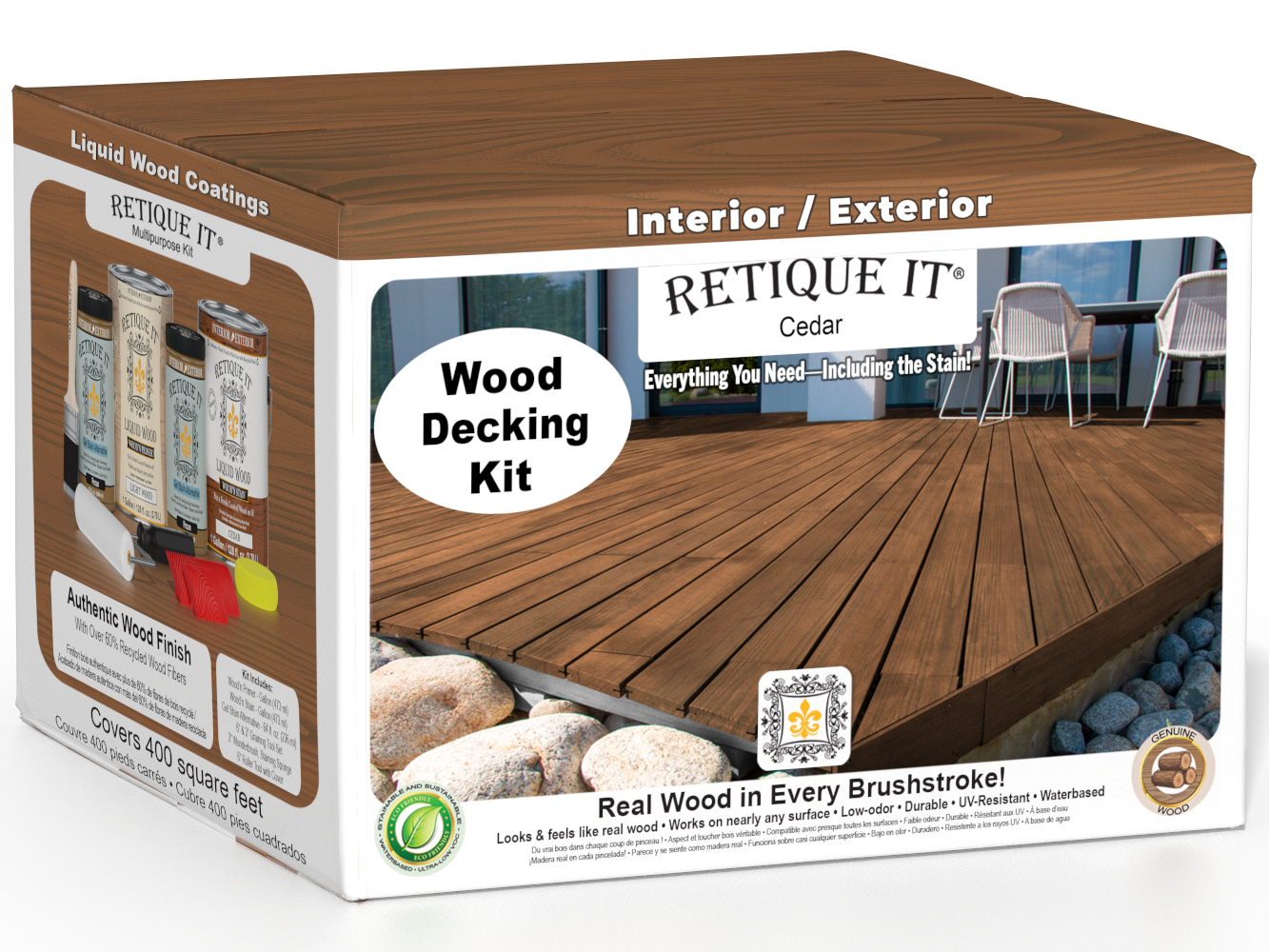 Retique It® Cedar Decking Wood'n Kit stain, showing application on deck surface with natural cedar wood finish and stain brush.