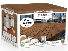 Retique It® Cedar Decking Wood'n Kit stain, showing application on deck surface with natural cedar wood finish and stain brush.