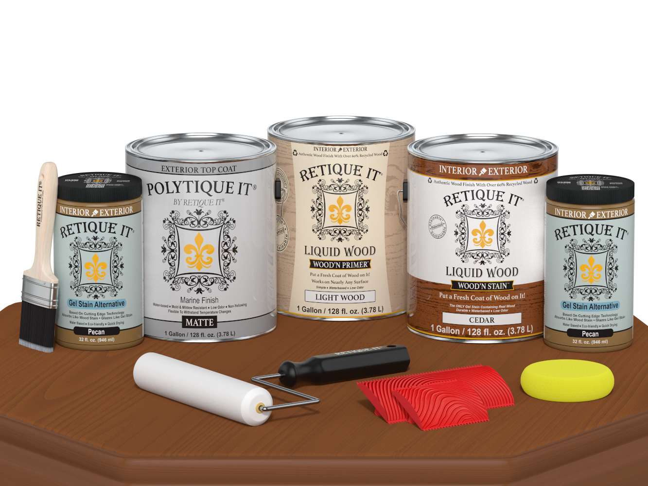 Retique It® Wood'n Kit Cedar exterior top coat with four large matte finish wood treatment plates for outdoor wood protection.