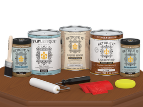 Retique ItÂ® Wood'n Kit Cedar interior top coat set with four large bottles, matte finish, suitable for wood furniture and surfaces.