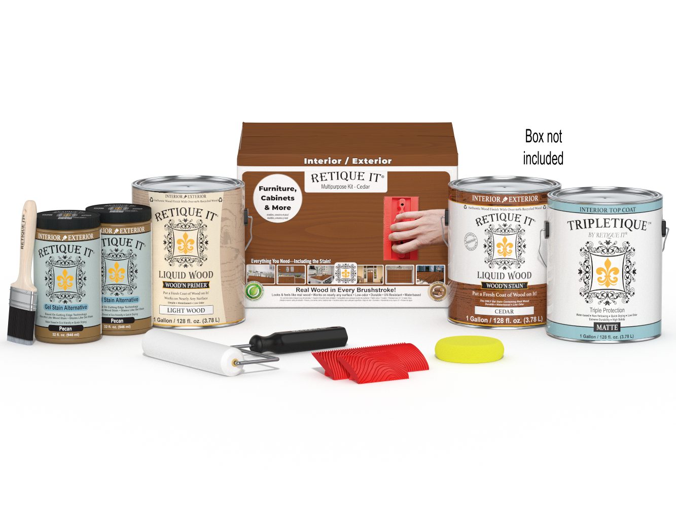 Retique ItÂ® Wood'n Finish Kit Cedar, multi-purpose interior top coat with four large wood treatment bottles and applicator box.
