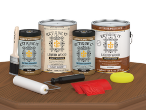 Retique It® Wood'n Cabinet Kit with 48 cedar-grained stained cabinet doors on a table, showcasing natural wood finish and grain details.