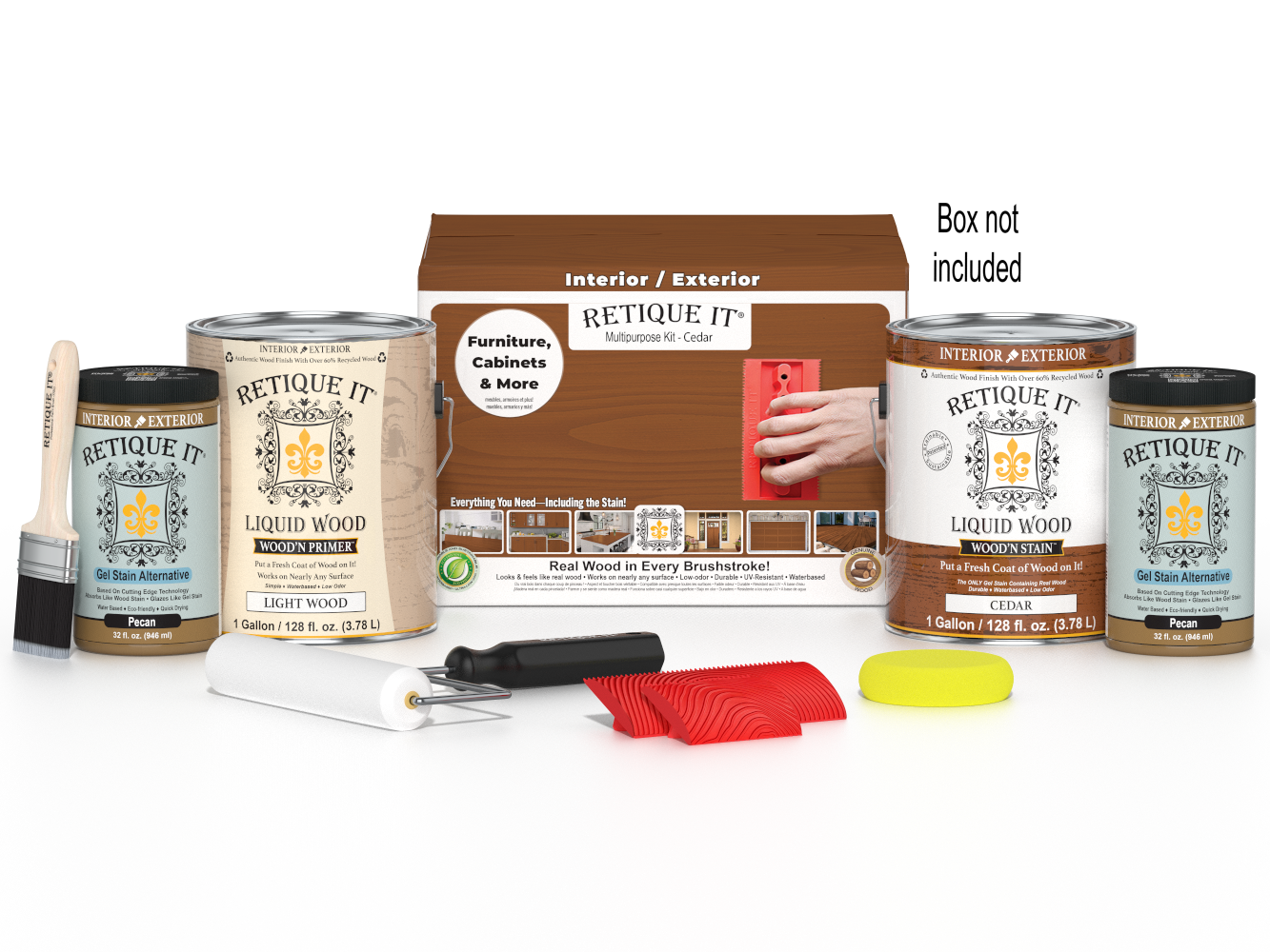 Retique It® Wood'n Finish Kit Cedar, multi-purpose wood finishing set with four large bottles and applicator tools.
