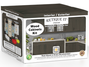 Retique It® Wood'n Cabinet Kit with 48 charcoal grained cabinet doors, showcasing a stained wood grain finish.
