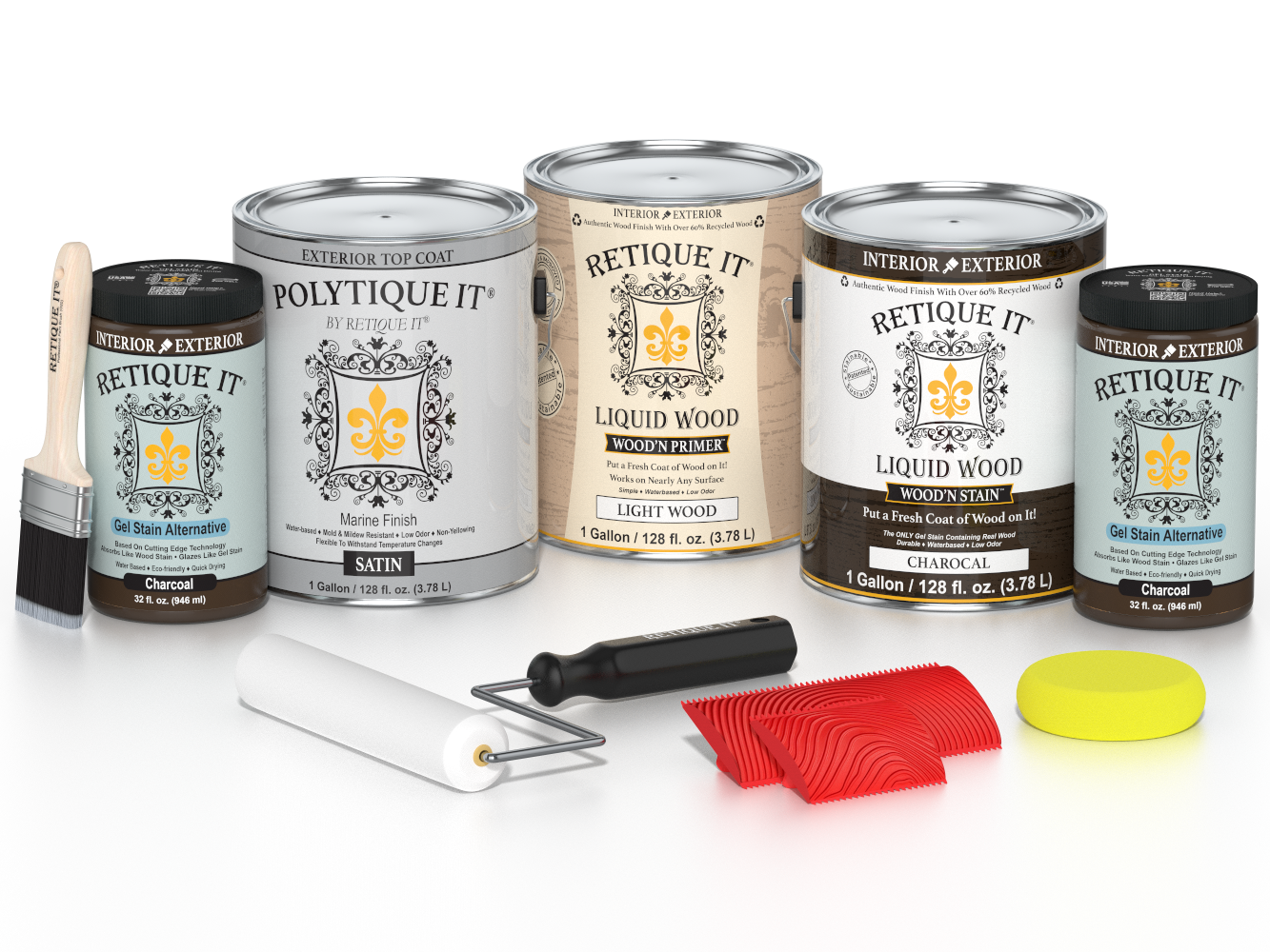 Retique It® Wood'n Kit with 4 large charcoal exterior top coat finish bottles, satin wood finish for outdoor projects.