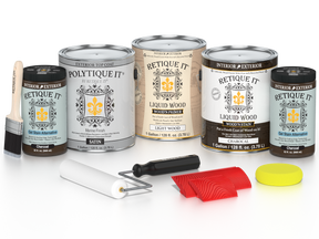Retique It® Wood'n Kit with 4 large charcoal exterior top coat finish bottles, satin wood finish for outdoor projects.