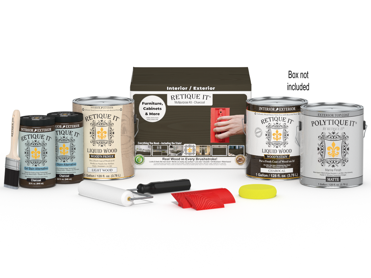 Retique It® Wood'n Finish Kit in Charcoal with four large exterior top coat bottles and packaging for wood finishing.