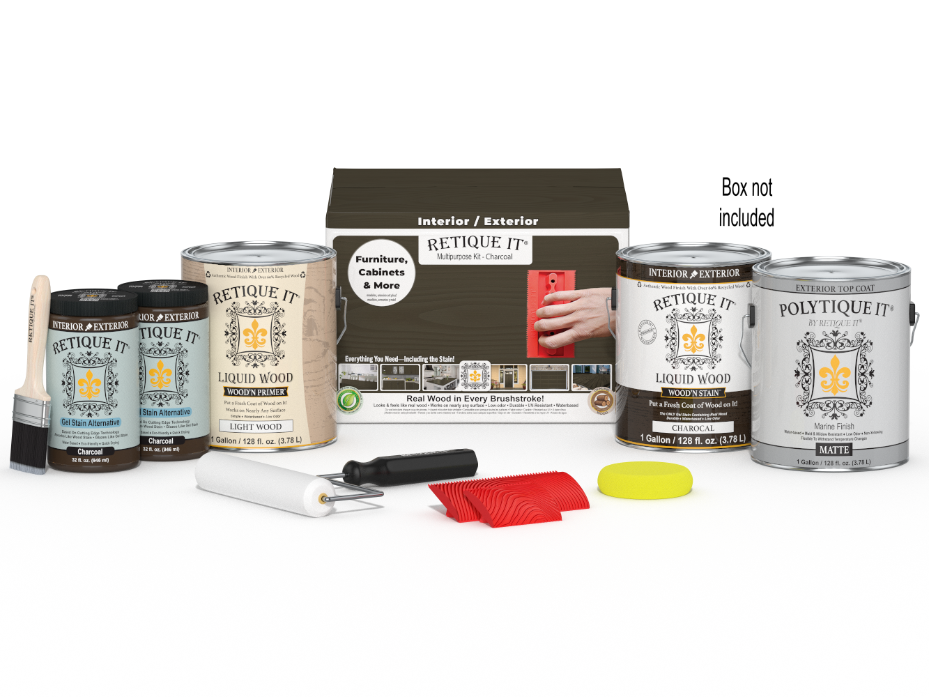 Retique It® Wood'n Finish Kit in Charcoal with four large exterior top coat bottles and packaging for wood finishing.