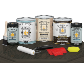 Retique It® Wood'n Cabinet Kit with 48 grained charcoal stain, glossy finish, shown on a cabinet door.