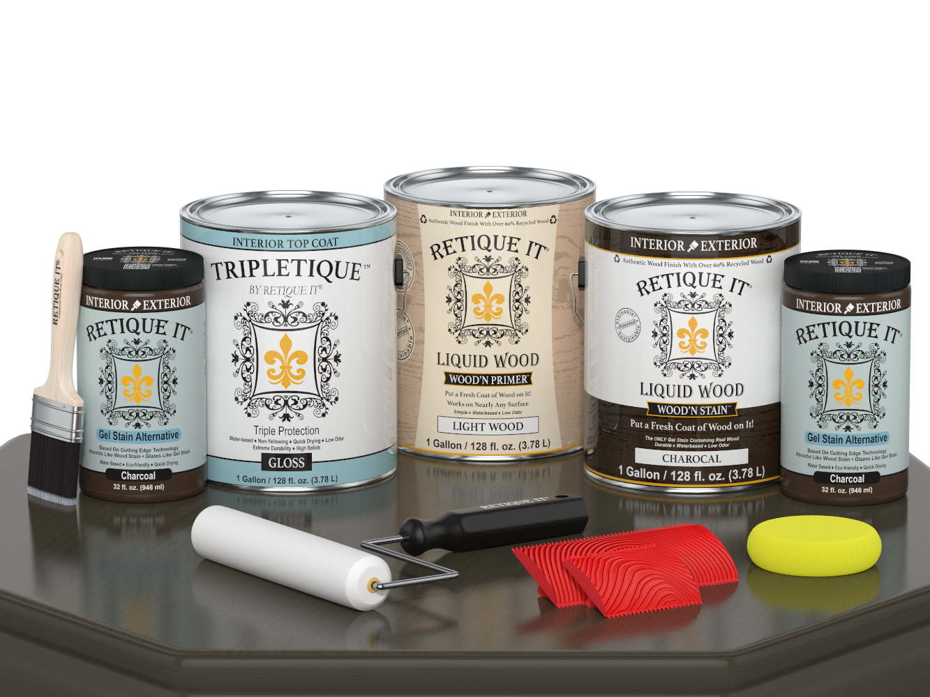 Retique It® Wood'n Finish Kit in charcoal, 4-piece interior top coat set, shown in glossy finish on wooden surface.