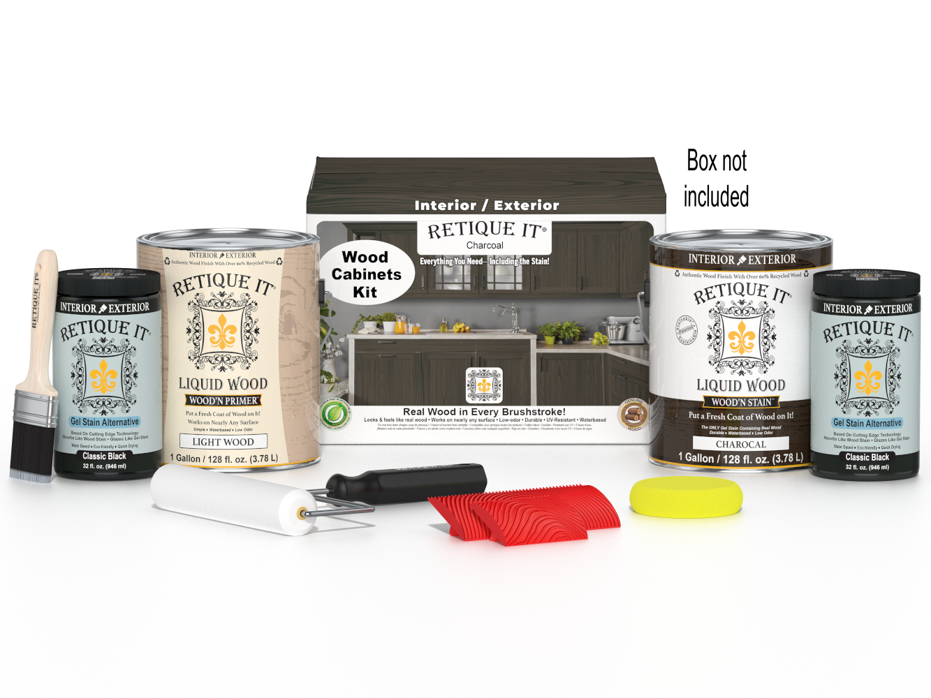 Retique It® Wood'n Cabinet Kit in Charcoal with 48 grained doors, stain kit for cabinet finishing, shown with box and tools.