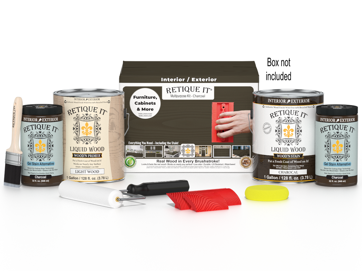Retique It® Wood'n Kit in Charcoal with four large Wood'n Finish Kits, includes brushes and applicators for wood finishing.