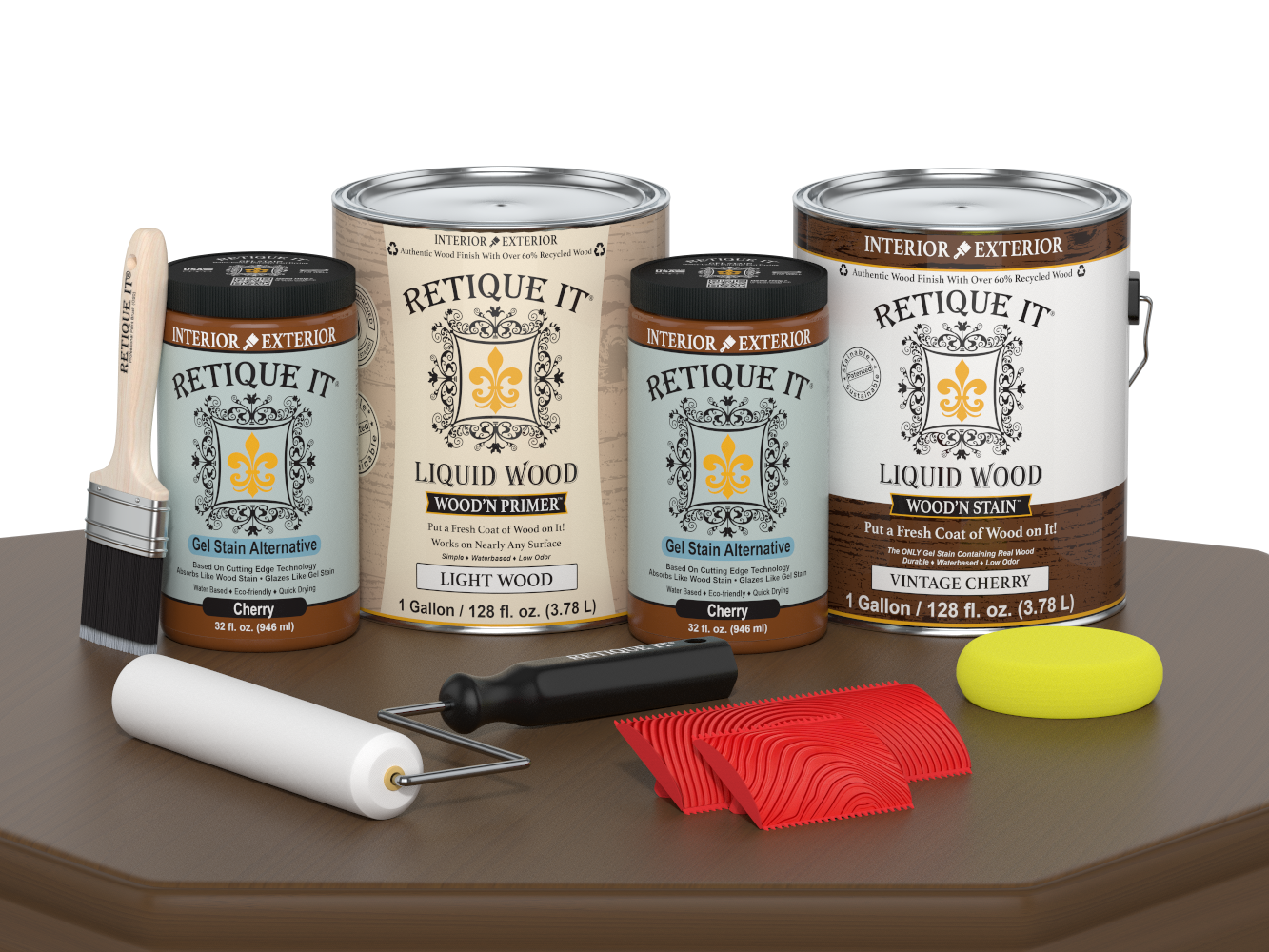 Retique It® Wood'n Finish Kit in Vintage Cherry, 4-pack, showcasing wood stain and finish products for furniture restoration.