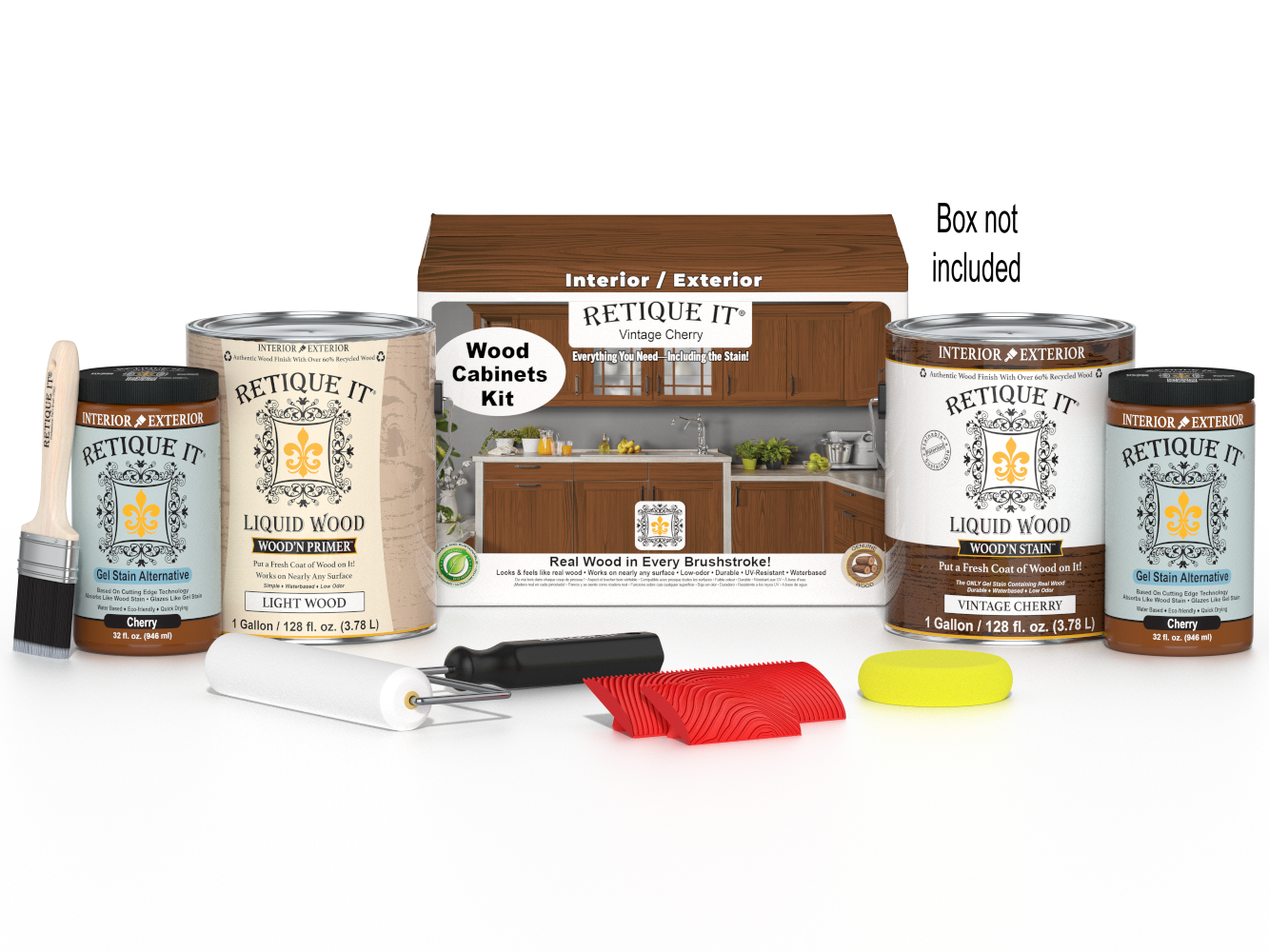 Retique It® Wood'n Cabinet Kit with 48 vintage cherry grained cabinet doors and stains, showcasing natural wood texture and finish.