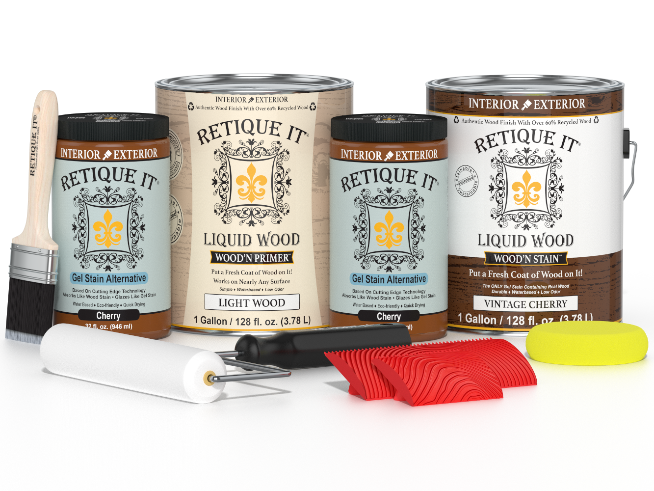 Retique It® Wood'n Finish Kit in Vintage Cherry, 4-pack of large multi-purpose wood finishing kits with wood stain and finish.