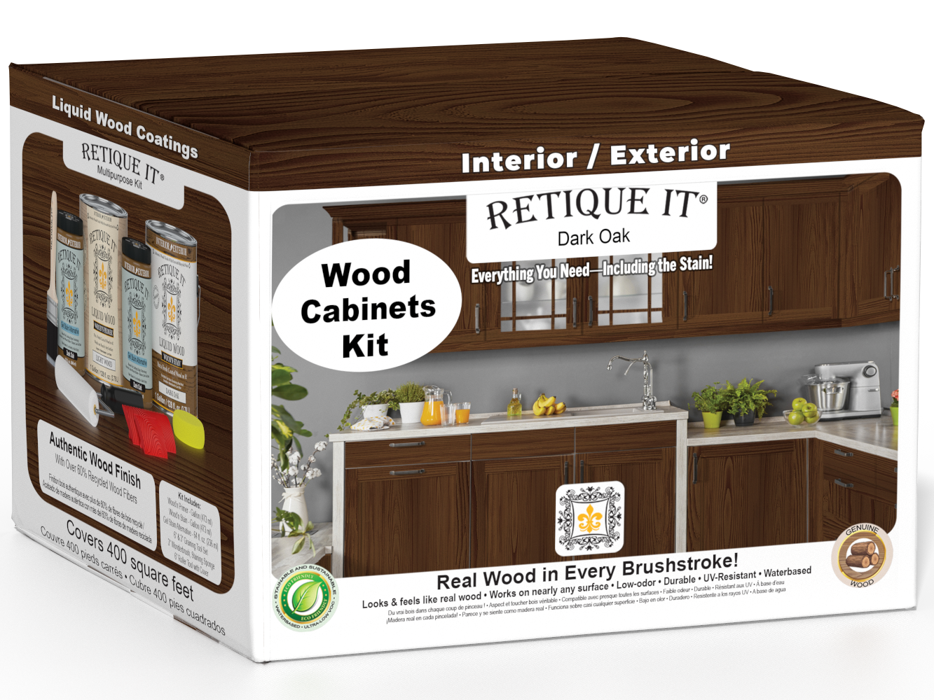 Dark oak Wood'n Cabinet Kit with 48 grained door stains from Retique It® showing textured wood grain and cabinet assembly