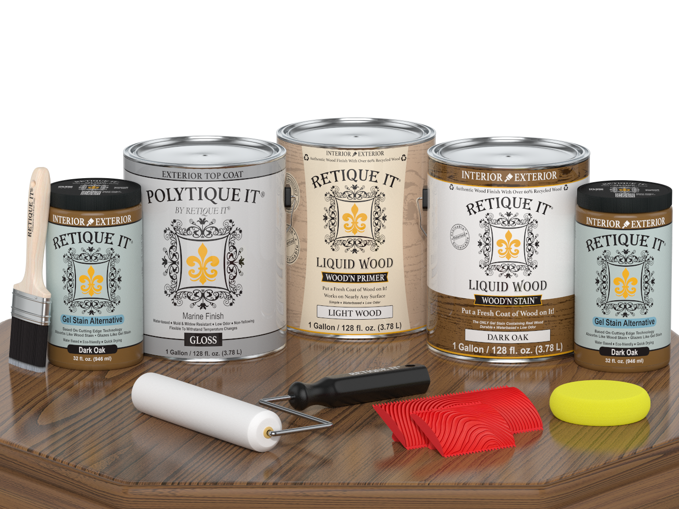 Retique It® Wood'n Finish Kit in Dark Oak for exterior wood, includes four large containers with glossy top coat finish.