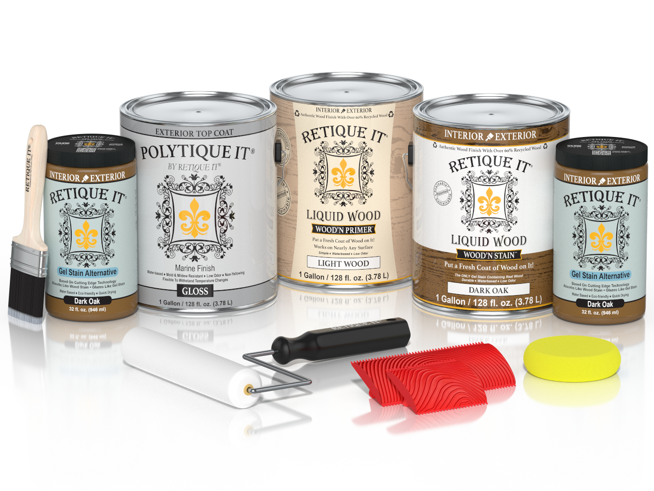 Dark oak multi-purpose Wood'n Kit by Retique It® with gloss finish, includes four large exterior top coat wood finish products.