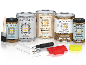 Dark oak multi-purpose Wood'n Kit by Retique It® with gloss finish, includes four large exterior top coat wood finish products.