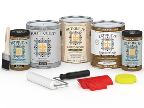 Retique It® Wood'n Kit in dark oak with matte finish, includes four large exterior top coat wood finish bottles.