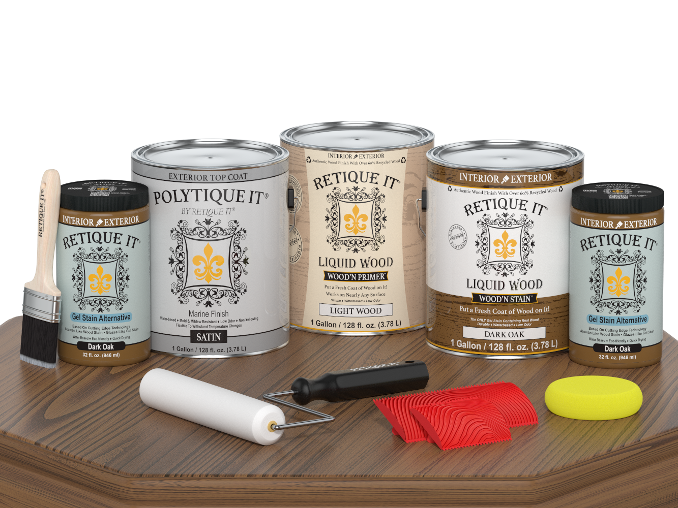 Retique It® Wood'n Kit in Dark Oak with satin finish, includes four large containers for exterior wood top coat application.