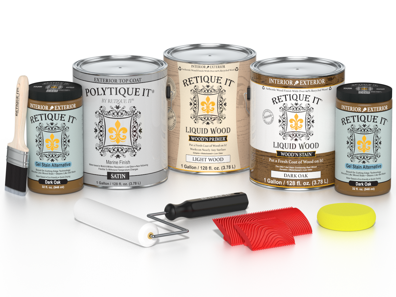 Retique It® Wood'n Kit in dark oak with satin finish, designed for exterior wood surfaces, includes four large containers of top coat.