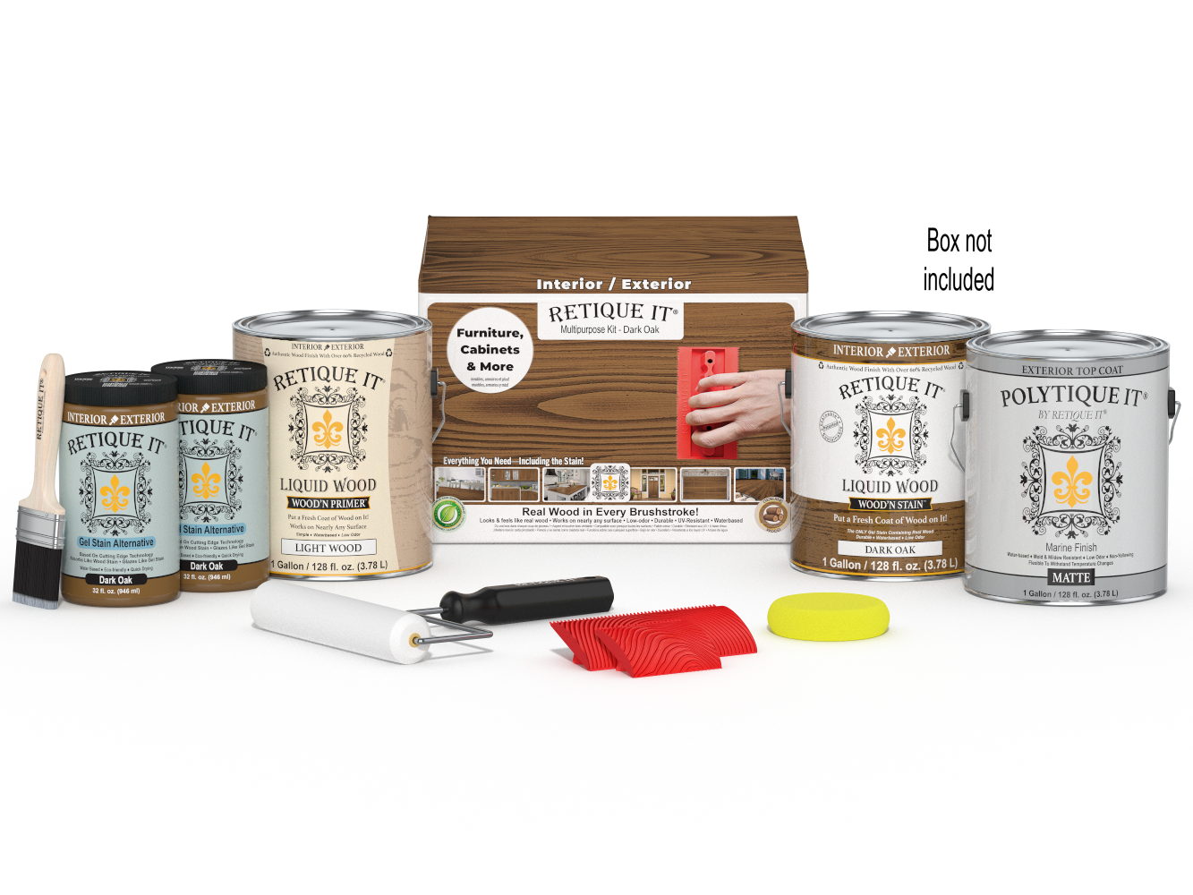 Retique It® Wood'n Kit in Dark Oak for exterior wood finishing, includes four large containers with applicator tools and finish palette.