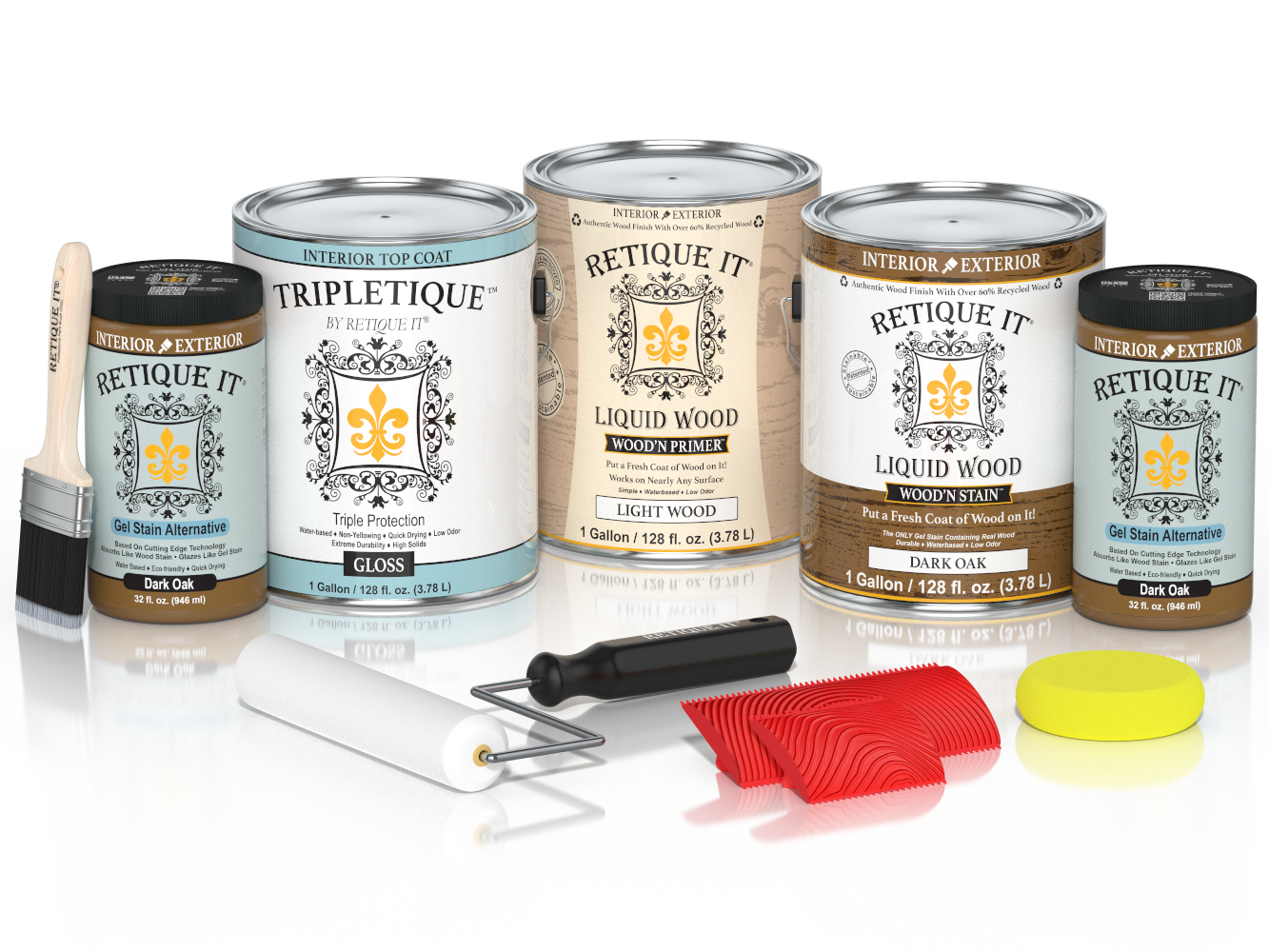 Dark oak wood finish kit from Retique It® with four large bottles of interior top coat for wood projects.