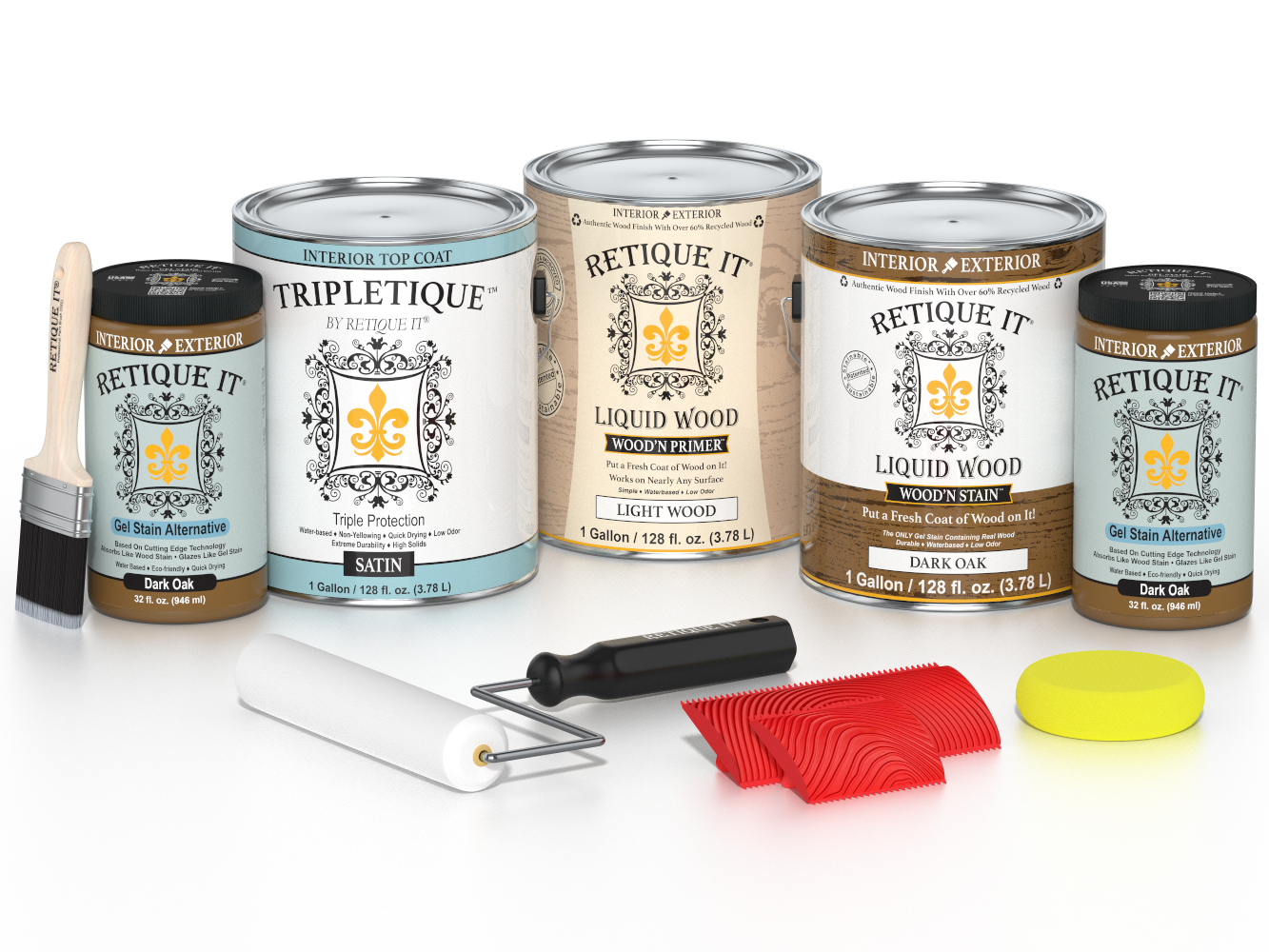 Retique It® Wood'n Finish Kit in Dark Oak, large size, with satin interior top coat, showing wood finish application on sample wood.